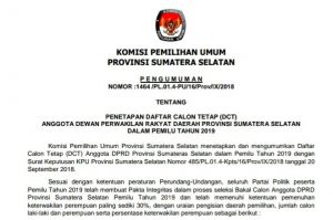 Pengumuman Daftar Calon Tetap (DCT) DPRD Prov. Sumatera Selatan 2019
